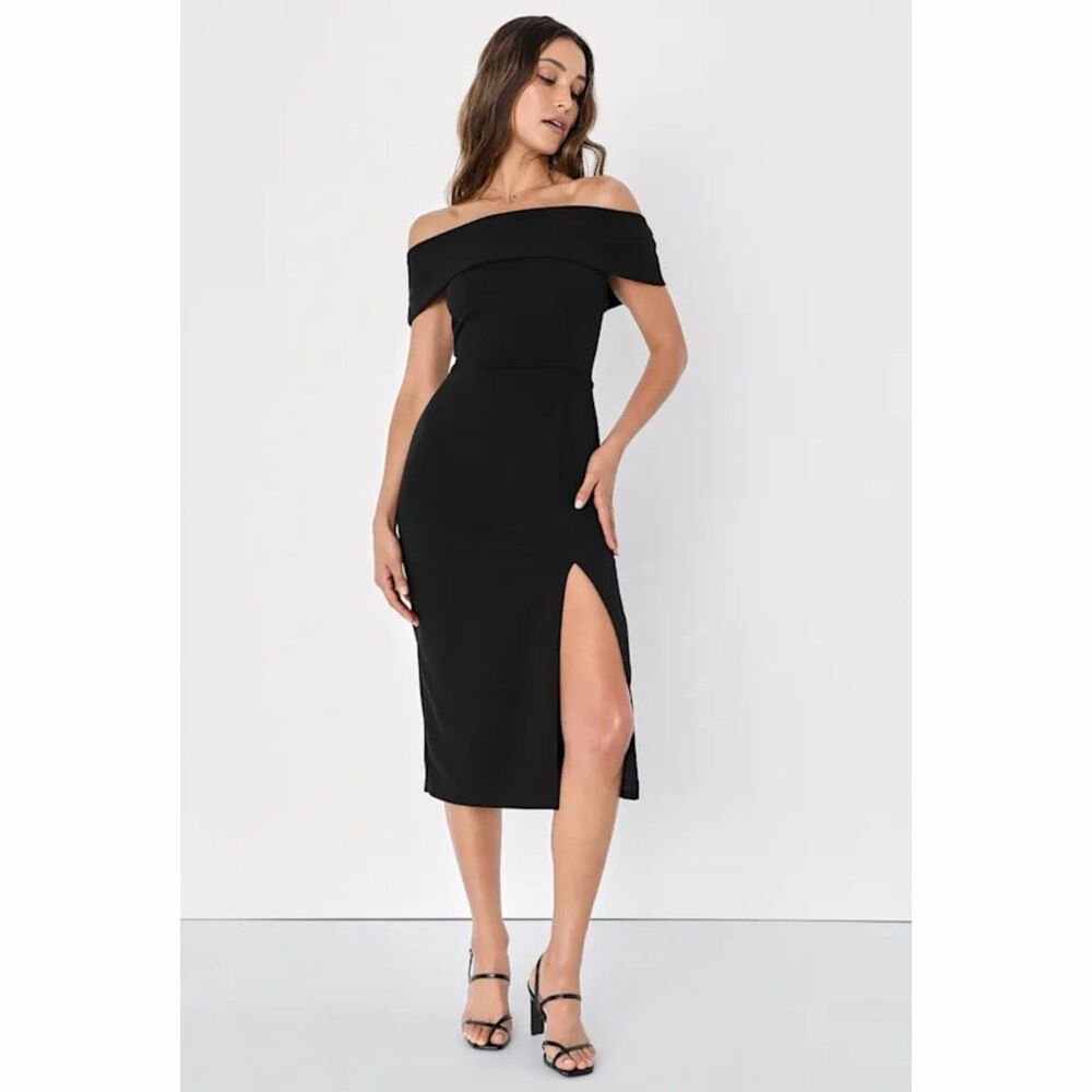 Lulu's Luxe Attitude Black Off-the-Shoulder Bodycon Midi Dress NWT Sz Medium